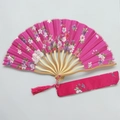 Japanese style rose red folding fan set with cherry blossom pattern and matching fabric pouch - No. 9 Rose Red