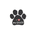 Detail der Pfotenabdruck-Emaille-Anstecknadel mit Text I love my dogs und rotem Herzsymbol - I LOVE MY DOGS (mit Herz) / Schwarz Silber Rot