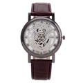 Men's hollow dial quartz watch with brown leather strap and gunmetal case - Black Case Brown Strap