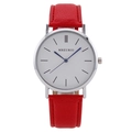 Minimalist quartz watch with red textured leather strap, silver case and white dial face - White Dial Red Strap