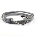 Fashion nautical grey and blue braided rope bracelet with silver fish hook anchor clasp - Grey Blue