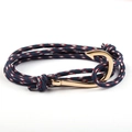 Detail of nautical rope bracelet with gold fish hook clasp in red white blue colors - Blue/Red/White Pattern-Gold Fishhook