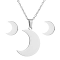 Detailed view of polished silver crescent moon necklace and matching stud earrings set - 056 Steel Color