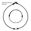 Conjunto de collar y pulsera de perlas naturales con cordón negro ajustable - Juego de Perla Natural de Agua Dulce Única (Collar + Pulsera)