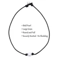 Minimalist single large shell pearl necklace with black leather cord and secure knots - Shell Pearl (Necklace)