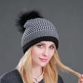 Winter knit beanie with a plaid pattern and a large fur pompom for women - Black + Black Pom Pom