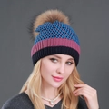 Women's blue and pink plaid knit beanie with a large brown faux fur pom pom - Navy Blue + Natural Pom Pom