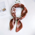 Brown paisley silk scarf tied in a knot with elegant white patterns and glossy finish - 70cm / Caramel color