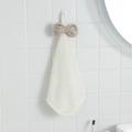 Absorbent coral fleece hand towel in creamy white with a cute khaki bow and hanging loop - Off-white