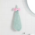 Absorbent coral fleece hand towel in soft green with a pink bow and hanging loop - Aqua Green