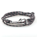 Close-up of triple-wrap braided anchor bracelets in black, red, and white with silver hook - Black White Red