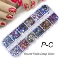 12-grid box of dark round nail sequins in blue, purple, and gold for creative nail art - 12 Compartment Deep Sea Round Sequins (PC)