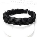 Detail of black braided headband with silky fabric texture and thick three-strand weave - Black