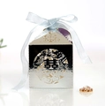 Detail of silver mirror laser-cut candy box with Double Happiness pattern and blue ribbon - Reflective Silver