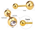 Macro detail of gold plated stainless steel stud earring with twist opening mechanism - White Zirconia / Gold