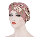 Turban-Kopfwickel mit Blumenmuster und geflochtenem Kreuzband aus milchigem Seidenstoff - M (56-58cm) / Altrosa