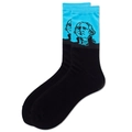 Detail von Socken mit George Washington Porträt auf schwarz-blauem Baumwollstrickgewebe - Größe 39-45 / Himmelblaue Manschetten