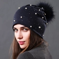 Navy blue pearl beanie with rhinestone accents and matching faux fur pom-pom - Navy Blue + Navy Blue Pom Pom
