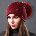 Burgundy knitted winter beanie with white pearls, rhinestones and a large fur pompom - Wine Red + Wine Red Pom-pom