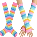 Detail view of rainbow striped knit arm warmers and matching stockings on white background - One Size / Pink (Gloves and Socks Set)