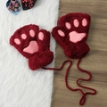 Cute fuzzy cat paw winter half finger gloves for women thickened plush warm gloves with string - Burgundy