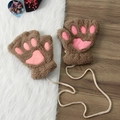 Cute fuzzy bear cat paw winter half-finger gloves brown plush fingerless gloves for women. - Khaki