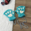 Cute cat paw half-finger plush gloves for women winter warm fuzzy claw mittens with neck string. - Blue