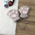 Cute winter half-finger plush gloves for women, grey cat paw design with pink pads and string. - Gray