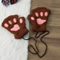 Cute winter plush half-finger bear cat paw gloves for women, cozy fleece warm mittens with string. - Light Coffee