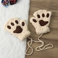 Guanti invernali soffici mezze dita zampa di gatto orso per donne con cordino caldi peluche. - Beige