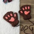 Cute brown plush bear paw fingerless gloves for winter, soft half-finger warm mittens with pink pads. - Dark Coffee