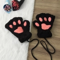 Cute winter half-finger plush cat paw gloves for women, warm thick fuzzy bear claw gloves. - Black