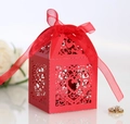 Elegant red laser-cut wedding favor box with pearl finish and red organza ribbon bow - Pearlescent Red