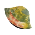 Close-up of tie-dye bucket hat with yellow green orange pattern and neat stitching - Green