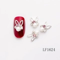 Pink rabbit nail charms with pearls and crystals on silver base, product LF1624 - Silver Rabbit Ear Purple Zircon Pearl Style (LF1624)