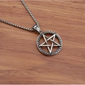 Silver pentagram star pendant necklace in titanium steel on a rustic wooden surface - Star Circle + Steel Chain