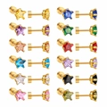 Set of 12 pairs of gold star stud earrings with colorful zircons in various vibrant hues - 6mm Star Gold Color