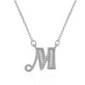 Detailed view of silver letter M necklace pendant with baguette-cut zircons on cable chain - Letter M Necklace Set