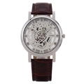 Men's skeletal dial watch with silver case and brown leather strap with Roman numerals - Silver Case Brown Strap