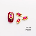 Nail art alloy decoration with red oval gem in gold setting and AB rhinestones, size 7x12mm - Gold Base Red AB (1758)