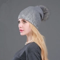 Mid-grey winter knit beanie with silver metallic details and large grey fur pompom - Grey Silver with Grey Pom-pom