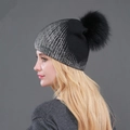 Women's black knit beanie with silver metallic thread and large black fur pom-pom - Black Silver with Black Pom-pom