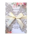 Laser-cut silver glitter wedding invitation with cream silk bow and floral patterns - Silver