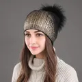 Black knit beanie with gold metallic stripes and large faux fur pompom for winter - Black Gold with Black Pom-pom