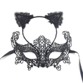 Detail of black lace cat ears headband and cutout eye mask set for masquerade parties - Headband + Fox Mask