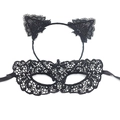 Detail of black lace cat ear headband and eye mask set for masquerade parties - Headband + Zorro Mask