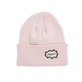 Detail of pink knitted beanie with yellow Prout letter patch for kids' winter warmth - Khaki Beige