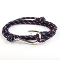 Detail of navy blue braided nautical bracelet with silver fish hook anchor clasp - Navy Blue
