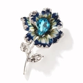 Elegant silver flower brooch with blue gradient enamel and a teardrop crystal centerpiece - Blue/Silver Base