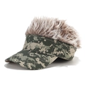 Detail of camouflage visor cap with synthetic wig hair for outdoor parties and sun protection - Khaki Camo + Coffee Wig